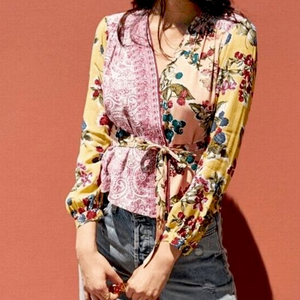 EUC Meadow Rue Anthropologie floral yellow vibrant long sleeve wrap blouse, 10